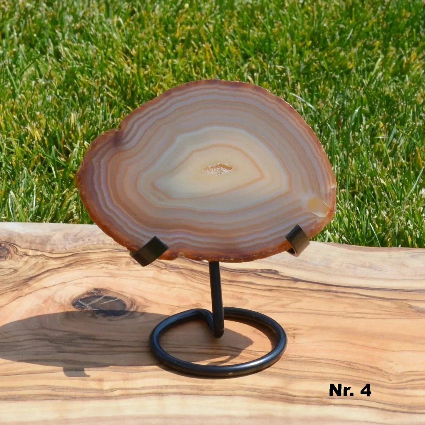 Natürliche Achat Scheibe auf Halterung – Vorderansicht Nr. 4, dekorativer Naturstein - naturbelassen.