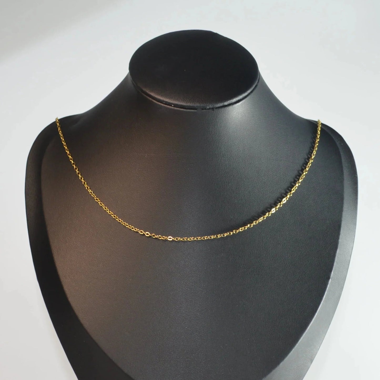 Edelstahl-Forcat-Kette Gold, 45 + 5 cm, auf Büste, Vorderansicht – verstellbar und perfekt kombinierbar mit unseren Anhängern.