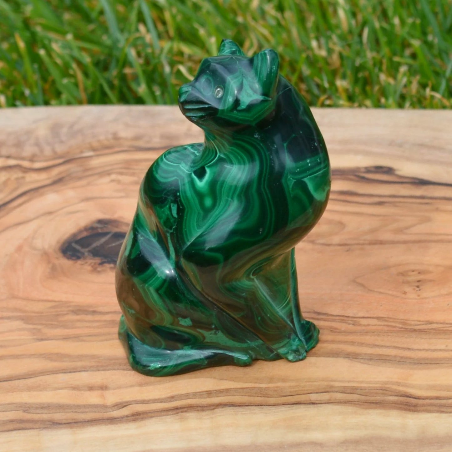 Malachit Katze, handgearbeitet, hochwertige Handarbeit.