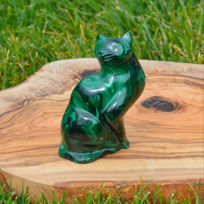Handgeschnitzte Malachit Katze, glänzend, perfekte Sammlerfigur. Natural Crystals
