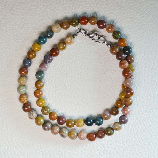 Elegante Ozean Jaspis Kette mit 6mm Kristallperlen – perfekt als Geschenk oder für den Alltag.