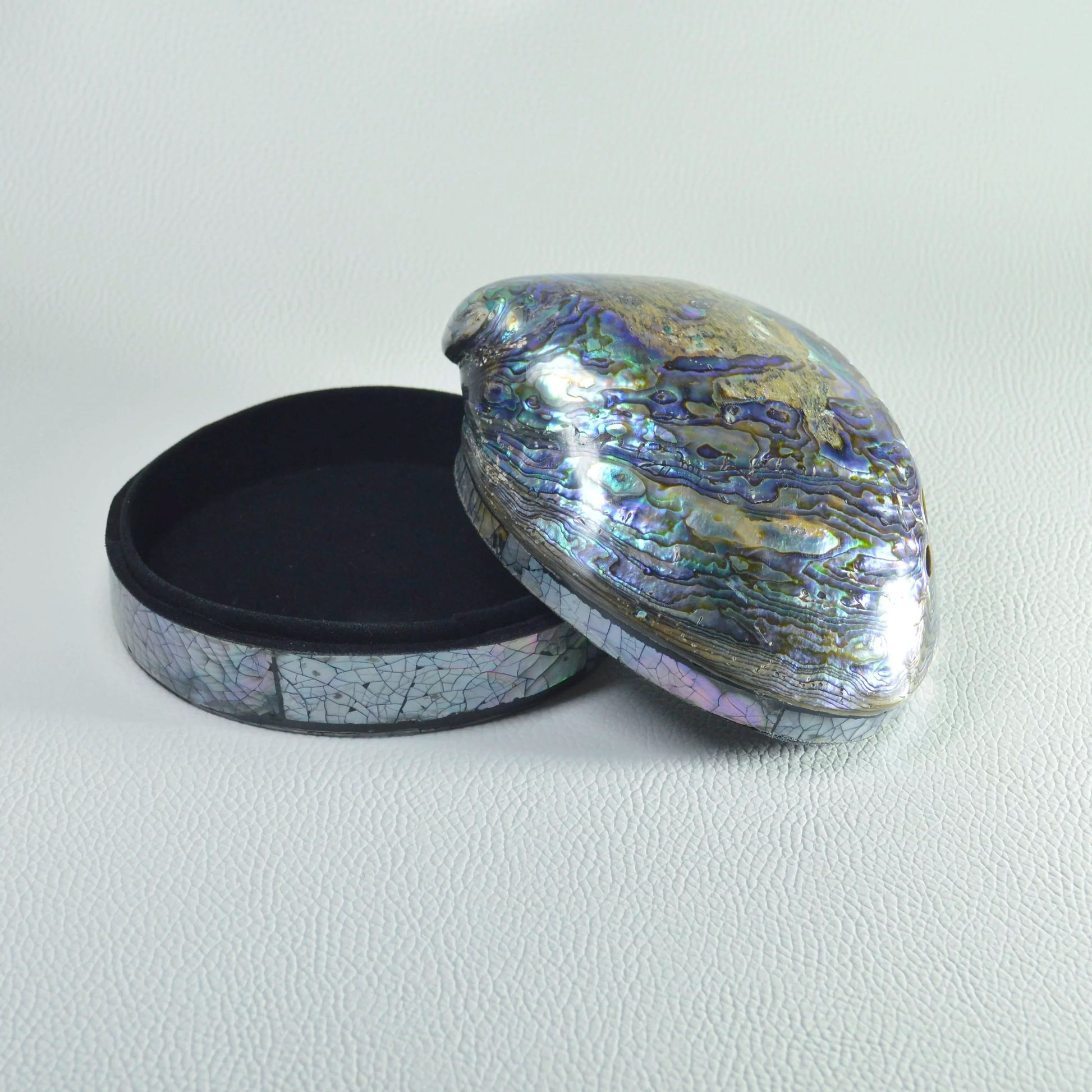 Regenbogen Abalone Schmuckschatulle mit Perlmutt, handgefertigt aus Paua-Muschel (Haliotis iris).