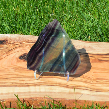 Regenbogenfluorit Platte – mehrfärbiges Naturstein-Unikat als Kristall-Dekoration im SALE.