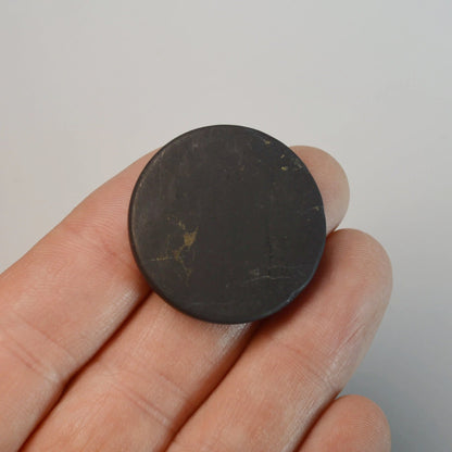 Schungit Handyplättchen neben Smartphone – natürlicher Schutz im Alltag.