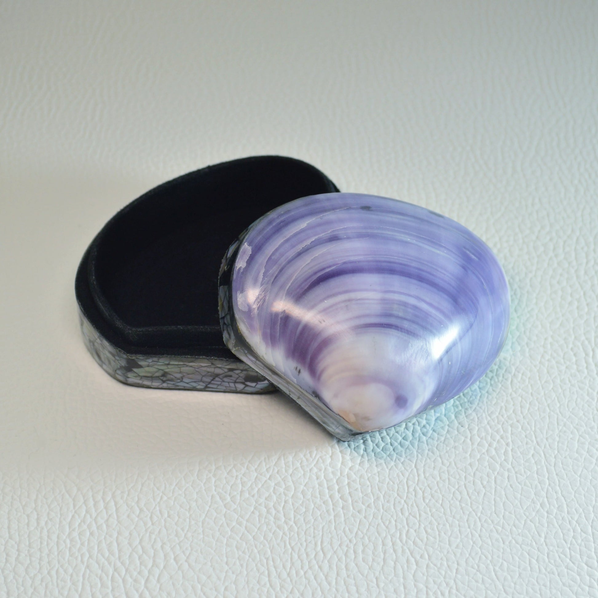 Violette Muschel-Schmuckschatulle mit Perlmutt-Inlay, handgefertigt aus Körbchenmuschel.