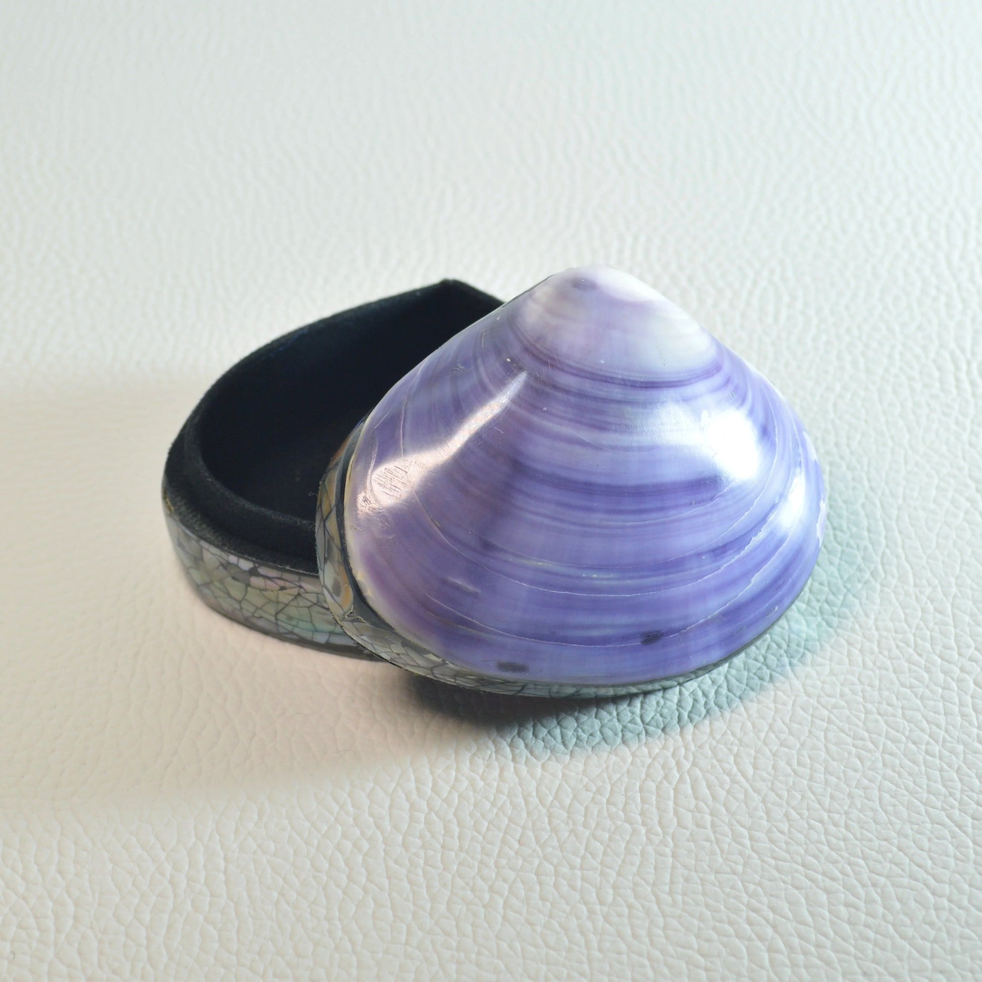 Handgefertigte violette Muschel Schmuckschatulle mit Perlmutt, ideal zur Aufbewahrung von Schmuckstücken.